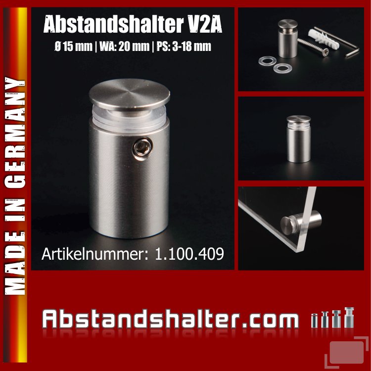 Edelstahl V2A Abstandshalter mit Madenschraube 15 mm Durchmesser Wandabstand 20 mm Edelstahl V2A Abstandshalter mit Madenschraube 15 mm Durchmesser Wandabstand 20 mm