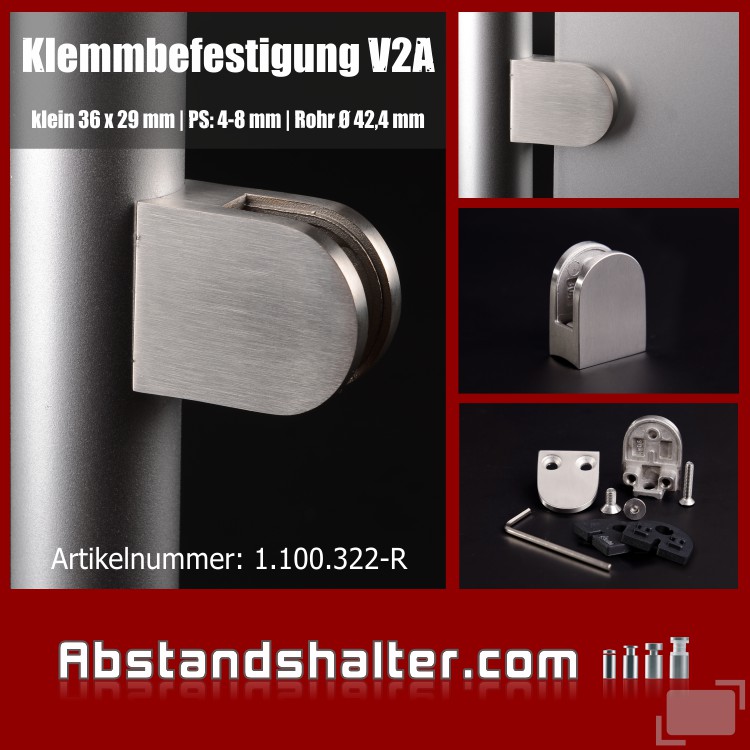 Klemmbefestigung 36 x 29 mm Edelstahl für Rundrohr Ø 40-45 mm Klemmbefestigung 36 x 29 mm Edelstahl für Rundrohr Ø 40-45 mm