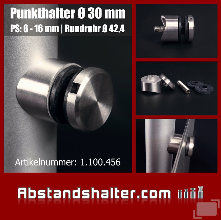 Punkthglashalter für Platten 6-16 mm Edelstahl V2A Ø 30 mm + Gewindeschraube M8 x 40 mm Punkthglashalter für Platten 6-16 mm Edelstahl V2A Ø 30 mm + Gewindeschraube M8 x 40 mm
