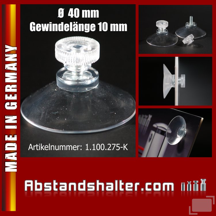 Saugnapf 40 mm Gewinde 10 mm + Rändelmutter klar-transparent Saugnapf 40 mm Gewinde 10 mm + Rändelmutter klar-transparent