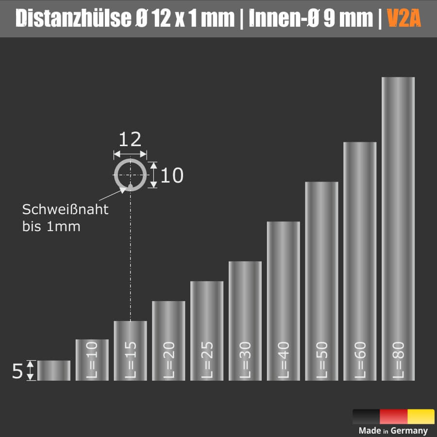 Distanzrohr M8 Distanzhalter Edelstahl Ø 12mm L-Ø: 9mm Wandstärke 1mm
