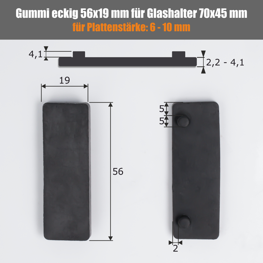 Ersatzgummis 2 x Gummi 56x19 mm 6-10 mm eckig für Glashalter 70x45 mm