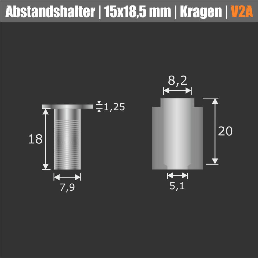 Plexiglasbefestigung Edelstahl Ø 15 mm WA:18,5mm PS:1,5-12 mm | Kragen