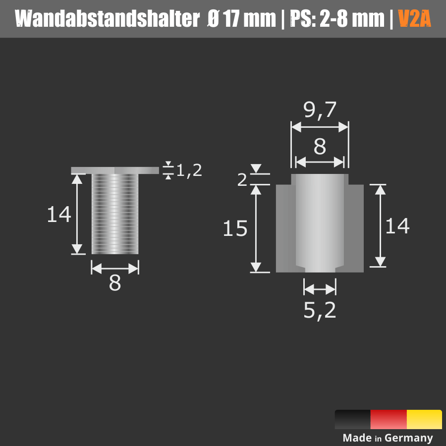 Wandabstandshalter 6-eckig Edelstahl V2A Ø 17mm WA: 15mm