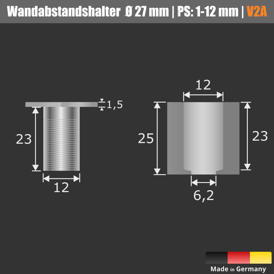 Wandabstandshalter 6-eckig Edelstahl V2A Ø 27mm WA: 25mm