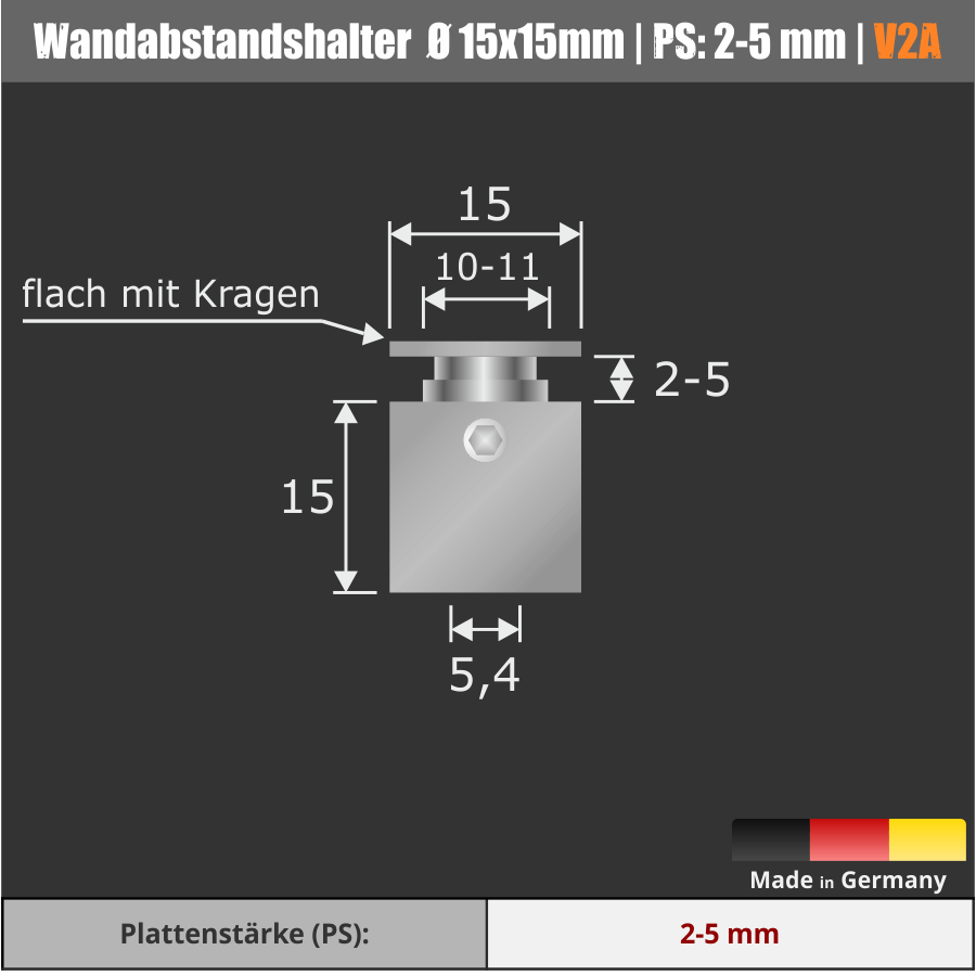 Wandabstandhalter 4-eckig Edelstahl V2A 15x15mm
