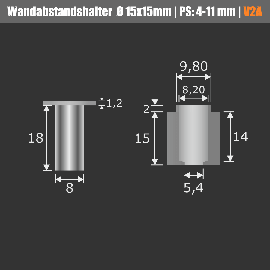 Wandabstandshalter 4-eckig Edelstahl V2A 15x15mm