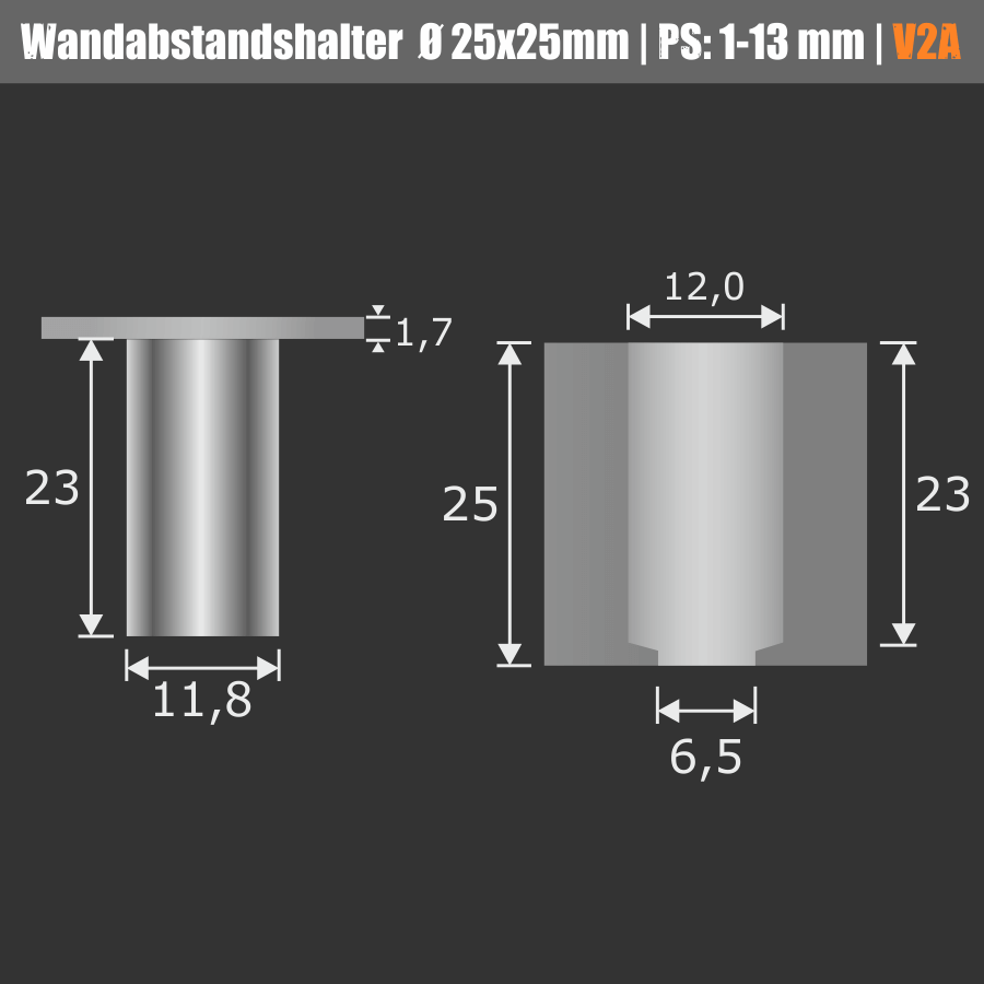 Wandabstandshalter 4-eckig Edelstahl V2A 25x25mm