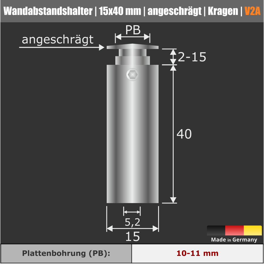 Wandabstandshalter V2A angeschrägt Kragen Ø 15mm WA: 40mm PS: 2-15mm