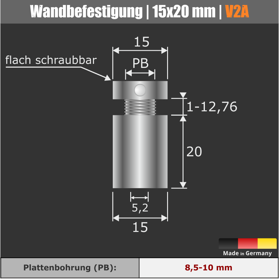Wandhalter schraubbar V2A Ø15 mm WA:20 mm PS:1-12,76mm | Stockschraube