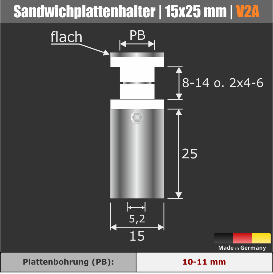 Sandwichplattenhalter V2A Ø15 WA:25mm PS:8-14 / 2x4-6mm Stockschraube
