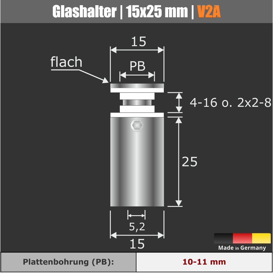 Glashalter Edelstahl Ø15mm WA:25mm PS: 4-16 o. 2x2-8mm | Stockschraube