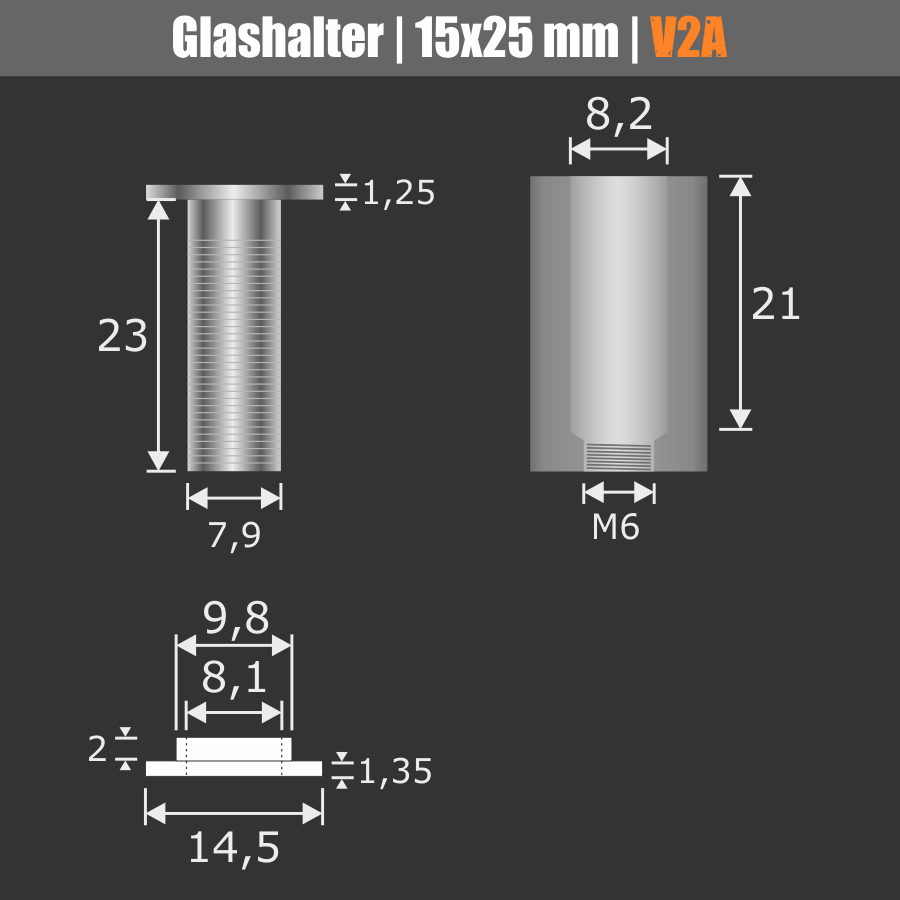 Glashalter Madenschraube V2A Ø:15mm WA:25mm PS: 4-16 mm o. 2 x 2-8 mm