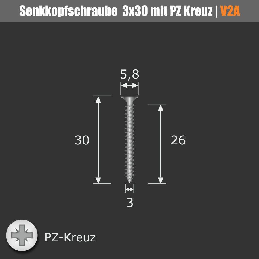 Schraube 3x30 mm Edelstahl V2A - A2 Senkkopf verstärkter Kopf | Kreuz