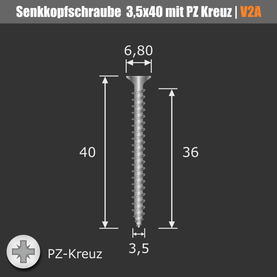 Schraube 3,5x40 mm Edelstahl V2A A2 Senkkopf Vollgewinde | Kreuz