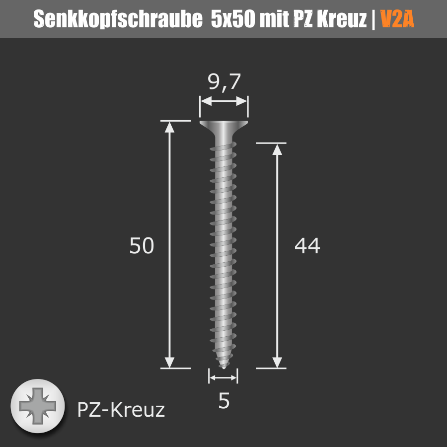 Schraube 5x50 mm Edelstahl V2A A2 Senkkopf verstärkter Kopf | Kreuz
