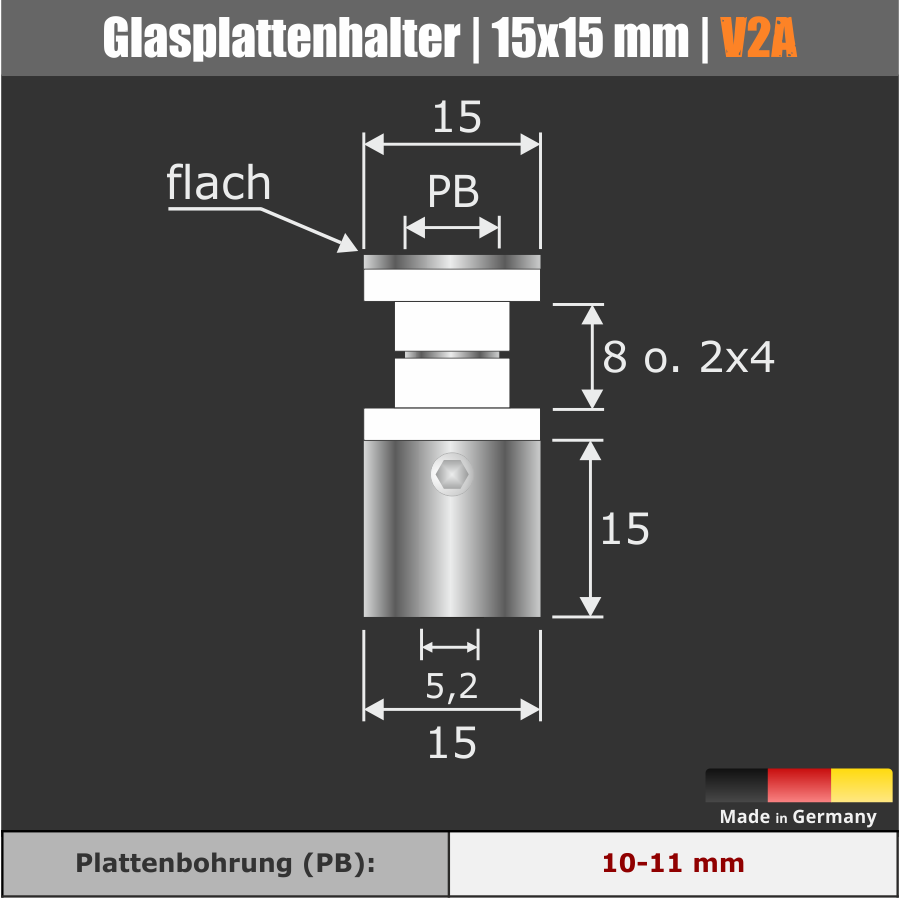 Glasplatten-Halter Edelstahl roh Ø:15 mm WA:15 mm PS:8 mm oder 2x4 mm 
