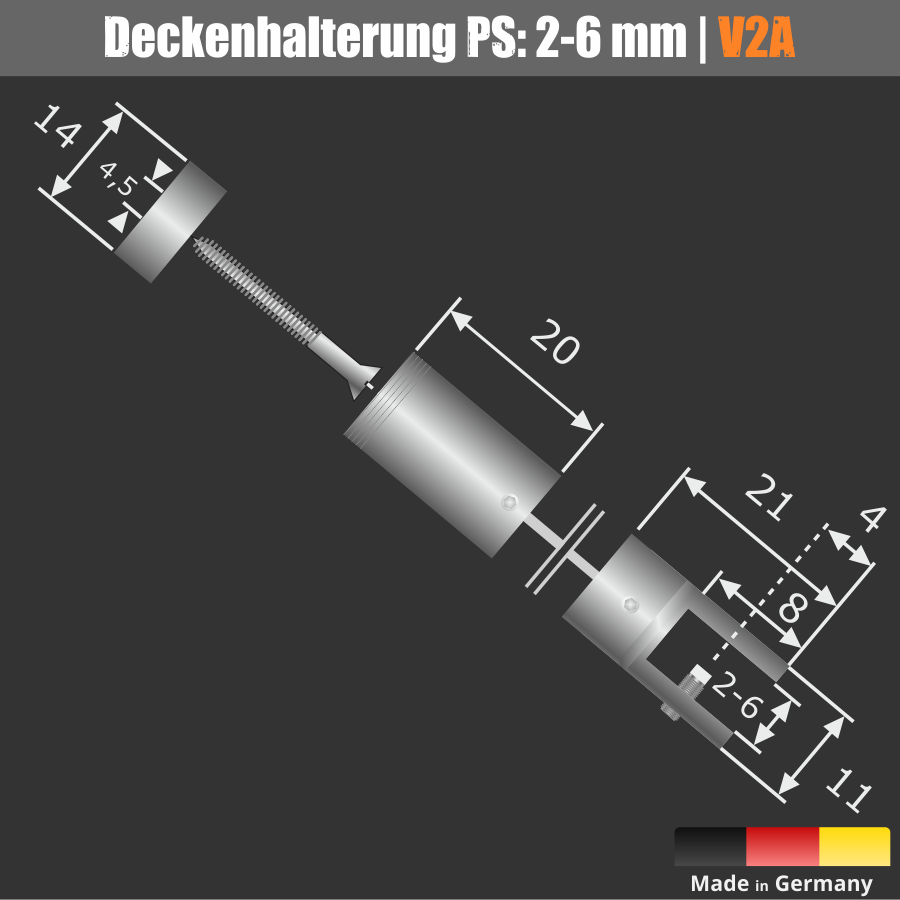 Deckenhalterung Set Edelstahl V2A Seilbefestigung, Ø 11 mm PS: 2-6 mm
