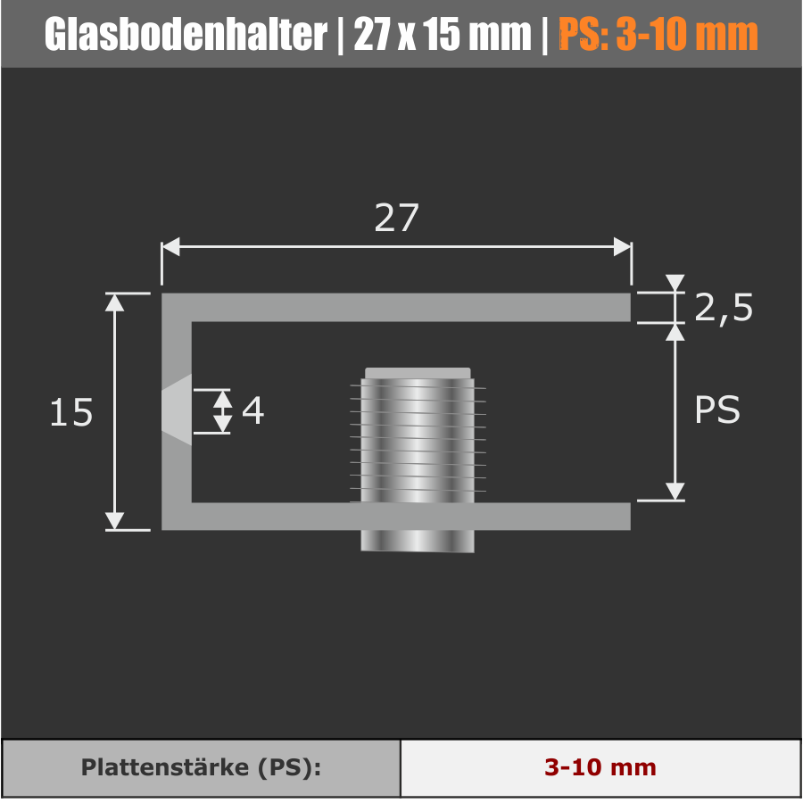 Glasbodenhalter | Regal-Halter | Messing chrom 27x15x16mm