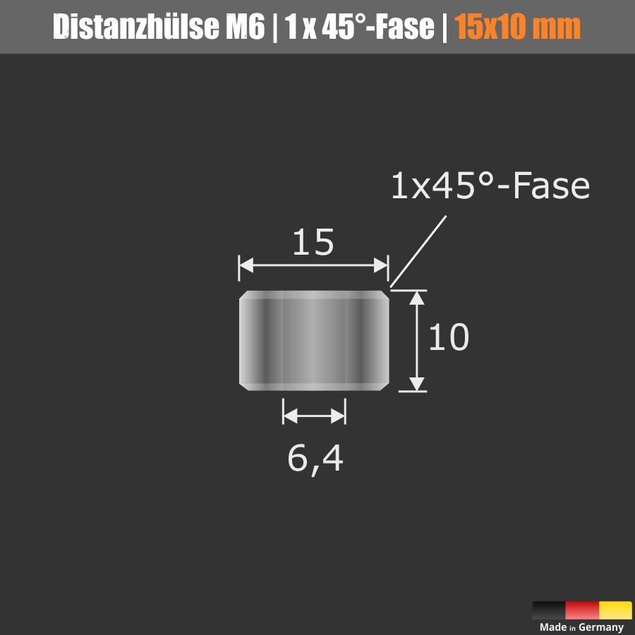 Distanz-Ring Distanzhülse Edelstahl Ø15x10 mm L-Ø:6,4 mm | V2A | mit Fase | M6