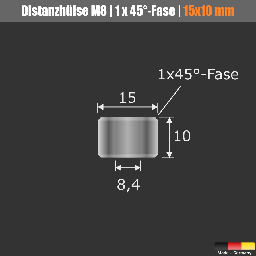 Distanz-Ring Distanzhülse Edelstahl Ø15x10 mm L-Ø:8,4 mm | V2A | mit Fase | M8