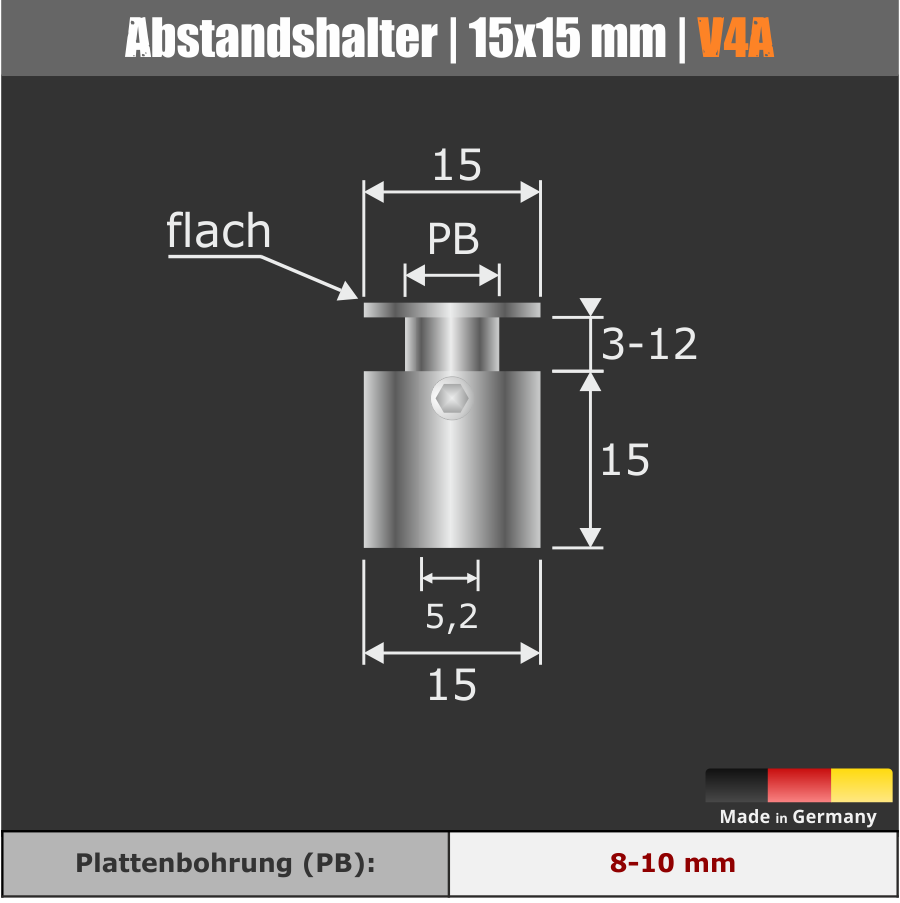 Edelstahl Abstandshalter V4A Schildhalter Ø 15mm WA: 15mm PS: 3-12mm