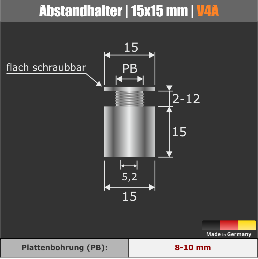 Abstandhalter schraubbar Edelstahl V4A Ø 15 mm WA: 15 mm PS: 2-12 mm