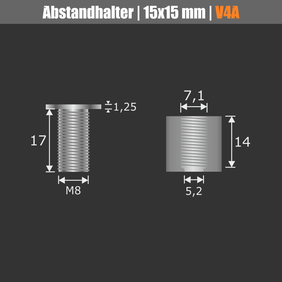Abstandhalter schraubbar Edelstahl V4A Ø 15 mm WA: 15 mm PS: 2-12 mm