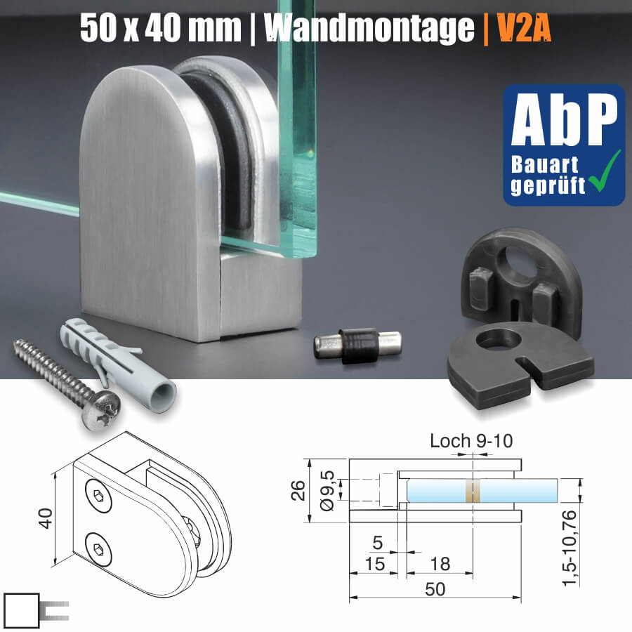 Glashalter + Sicherung V2A 50x40 mm PS: 1,5-10,76 mm rund | Wandmontage 
