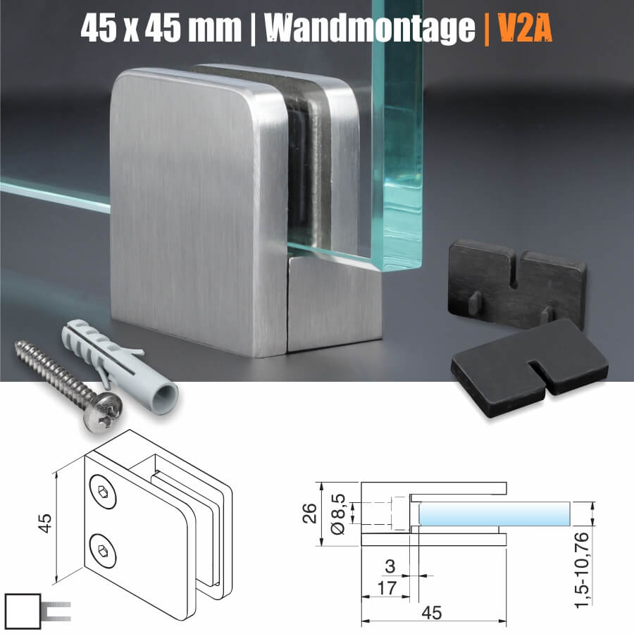 Glashalter Edelstahl 45x45 mm PS: 1,5-10,76 mm eckig flach | Wandmontage