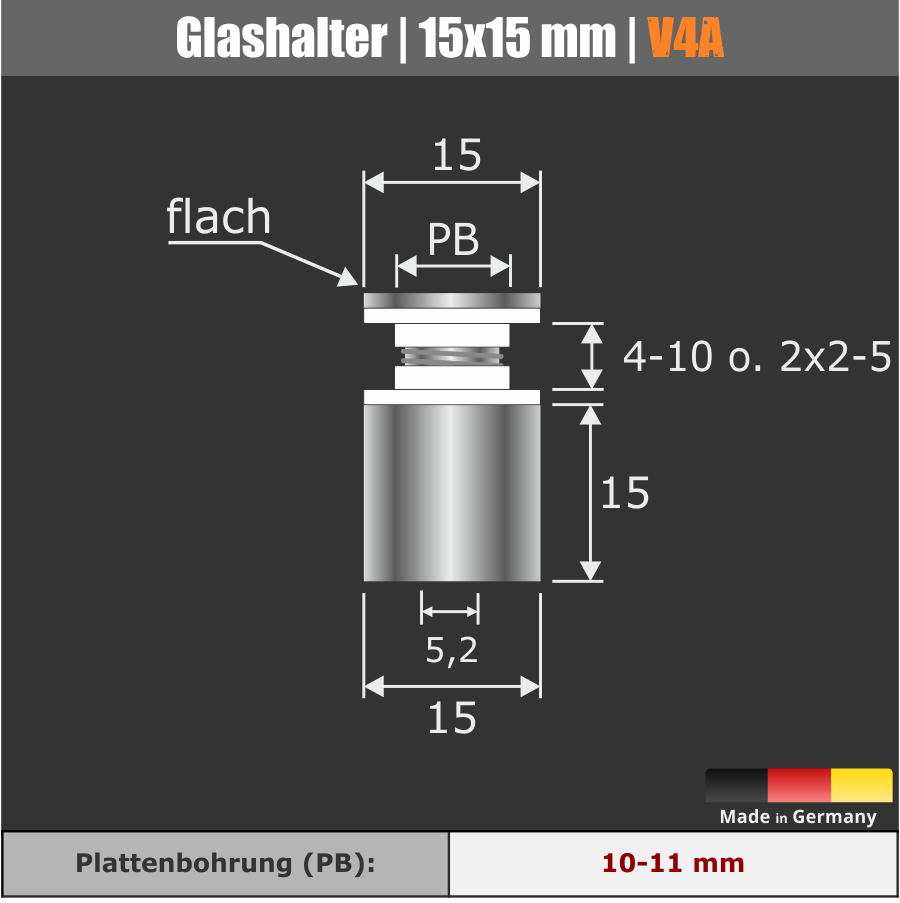 Glashalter schraubbar V4A Ø:15 mm WA:15 mm PS: 4-10 mm o. 2 x 2-5 mm