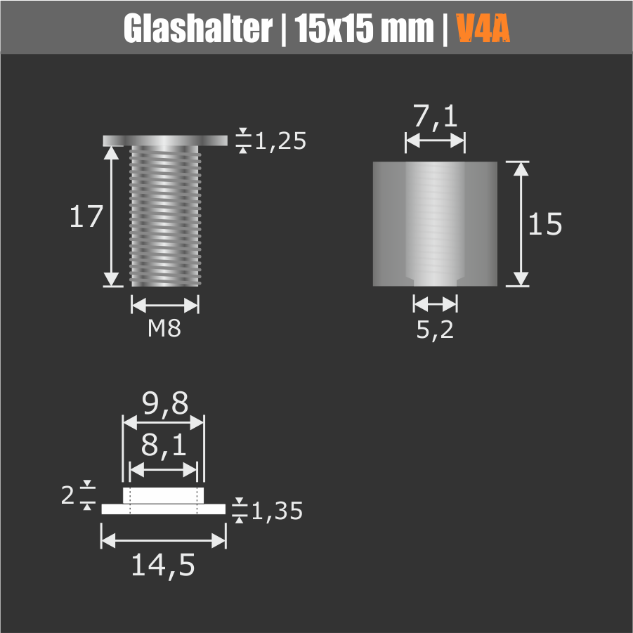 Glashalter schraubbar V4A Ø:15 mm WA:15 mm PS: 4-10 mm o. 2 x 2-5 mm