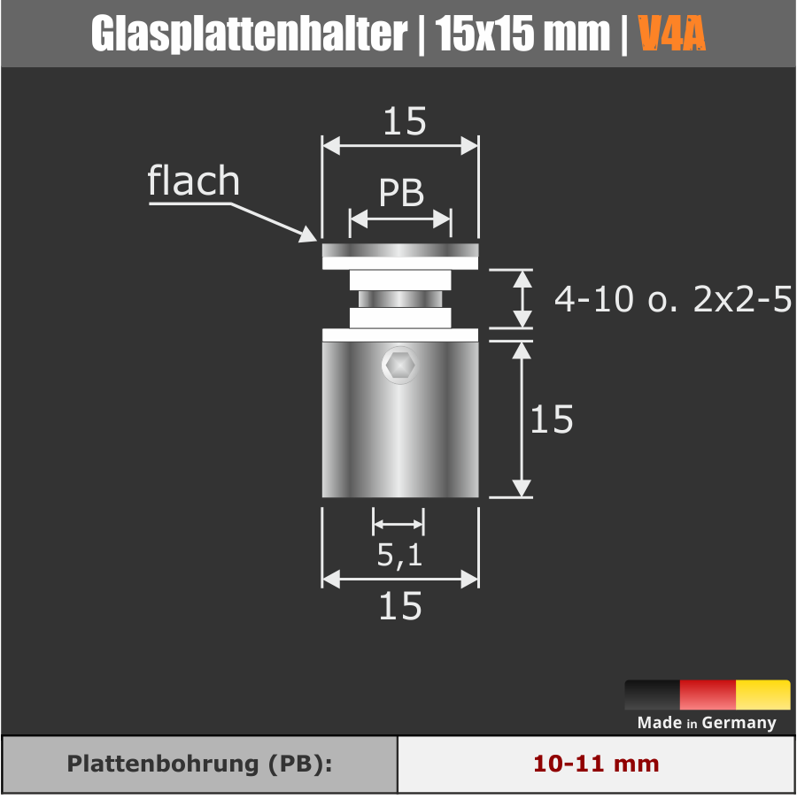 Glasplattenhalterung V4A Ø:15 mm WA:15 mm PS: 4-10 mm o. 2 x 2-5 mm 