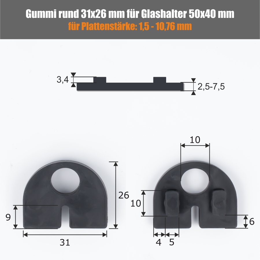 Ersatzgummis 2 x Gummi 31x26 mm Plattenstärke: 1,5-10,76 mm | für Glashalter 50 x 40 mm halbrund