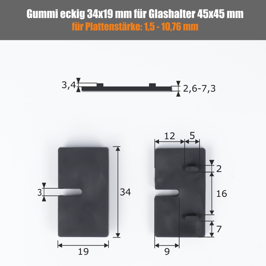Ersatzgummis 2 x Gummi 34x19 mm Plattenstärke: 1,5-10,76 mm | für Glashalter 45x45 eckig