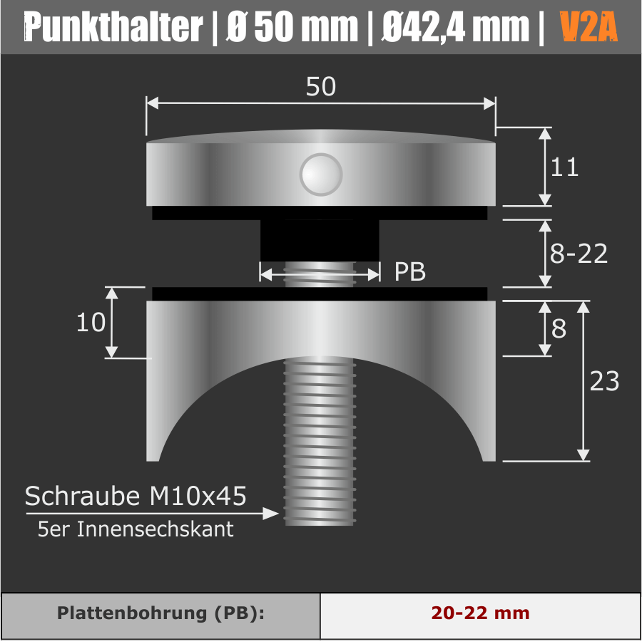 Punktglashalter V2A Ø 50 mm WA 10 mm PS:8-22 mm | Rundrohr Ø 42,4 mm