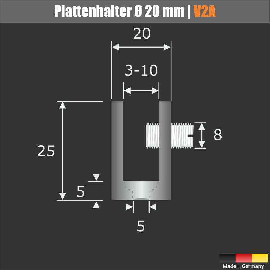 Plattenhalter | Klemmhalter | Glasbodenhalter Spuckschutzhalter Edelstahl V2A Ø 20 mm Länge 25 mm PS: 2-10 mm