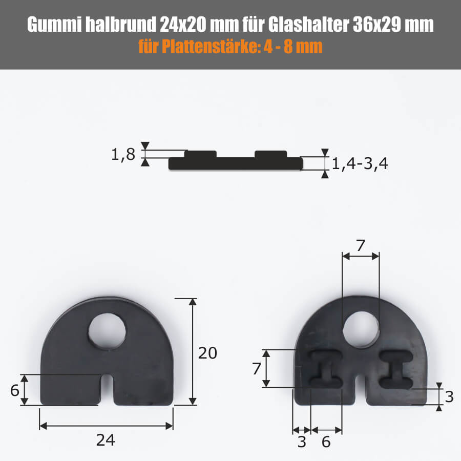 Ersatzgummis 2 x Gummi 24x20 mm Plattenstärke: 4-8 mm | für Glashalter 36 x 29 mm halbrund