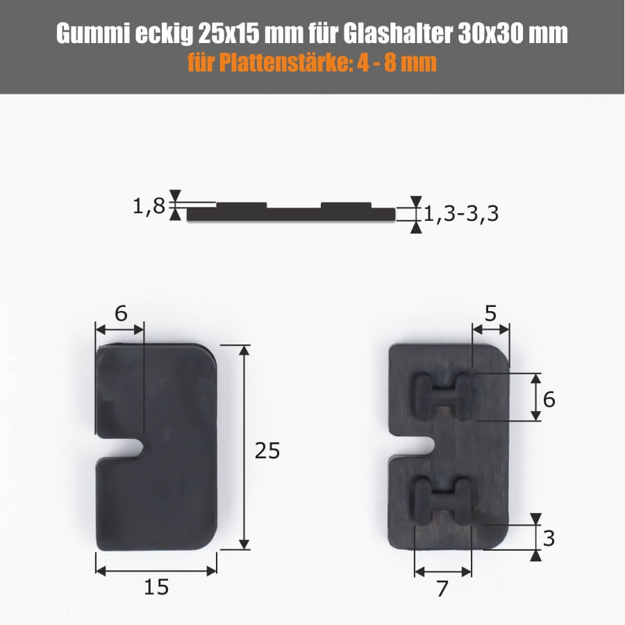 Ersatzgummis 2 x Gummi 25x15 mm Plattenstärke: 4-8 mm | für Glashalter 30x30mm eckig