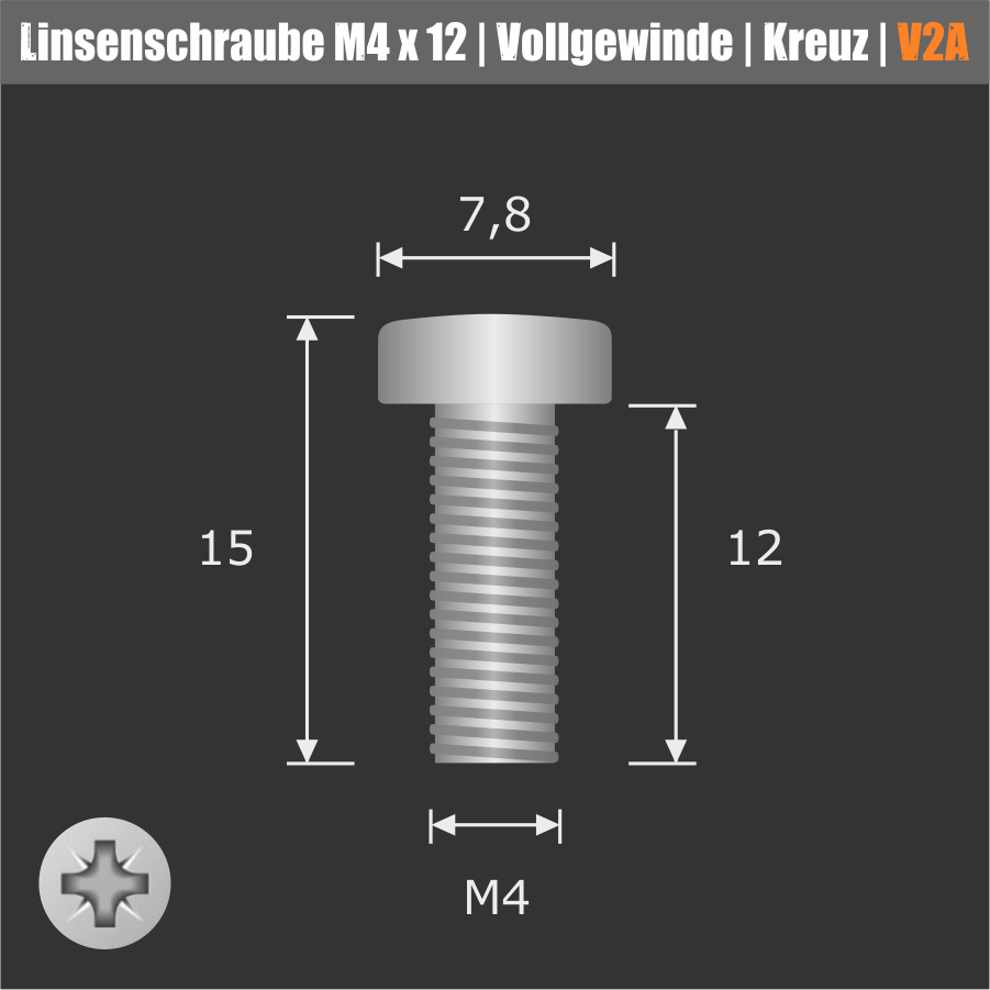 Gewindefurchende Linsenschraube Vollgewinde M4x12 | Kreuz | Edelstahl