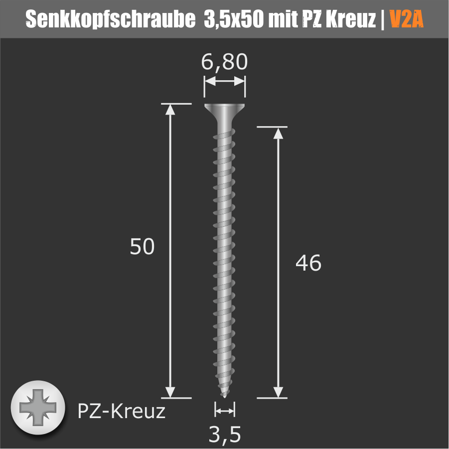 Schraube 3,5x50mm, Edelstahl V2A - A2, Senkkopf - Kreuz, Vollgewinde