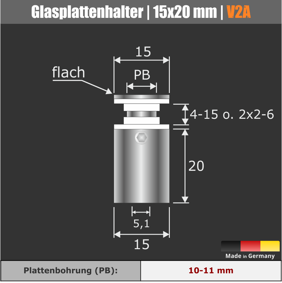 Glasplattenhalter V2A Ø 15 mm WA 20 mm PS: 4-15 mm oder 2 x 2-6 mm