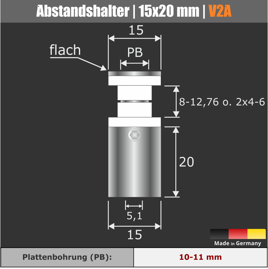 Glashalter Edelstahl V2A Ø 15 mm WA 20 mm PS: 8-12,76mm o. 2 x 4-6mm