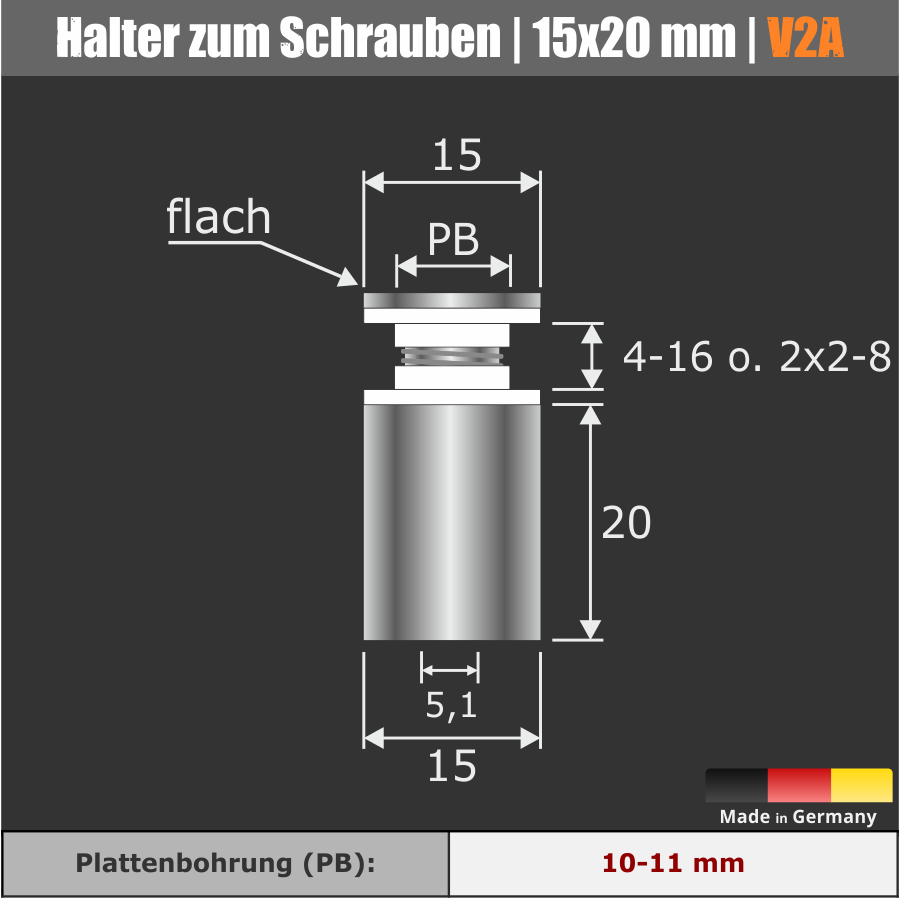 Lieferumfang: Halter zum Schrauben V2A Ø 15 mm WA 20 mm PS: 4-16 mm oder 2 x 2-8 mm