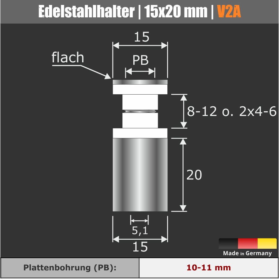  Edelstahlhalter schraubbar Ø 15mm WA 20mm PS: 8-12 mm oder 2 x 4-6 mm 