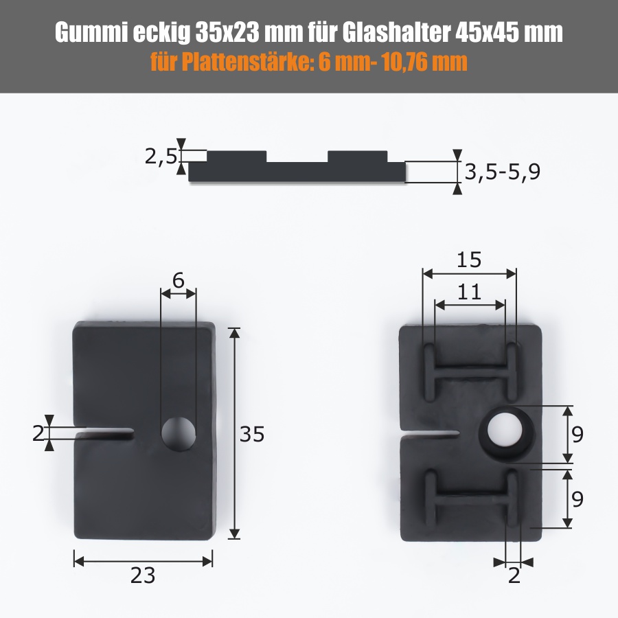 Ersatzgummis 2 x Gummi 35x23 mm Plattenstärke: 6-10,76 mm | für Glashalter 45 x 45 eckig