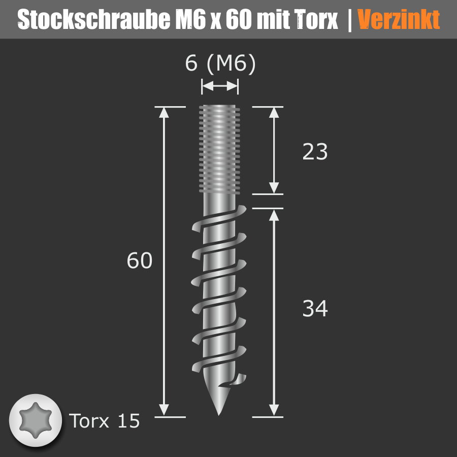 Stockschraube M6 x 60 mm verzinkt ohne Schlüsselfläche | Torx 15