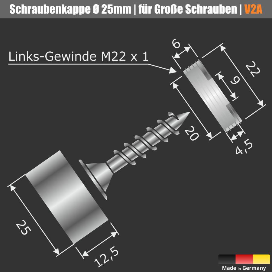 Schrauben Kappe Abdeckung Edelstahl für große Schrauben Ø25mm V2A