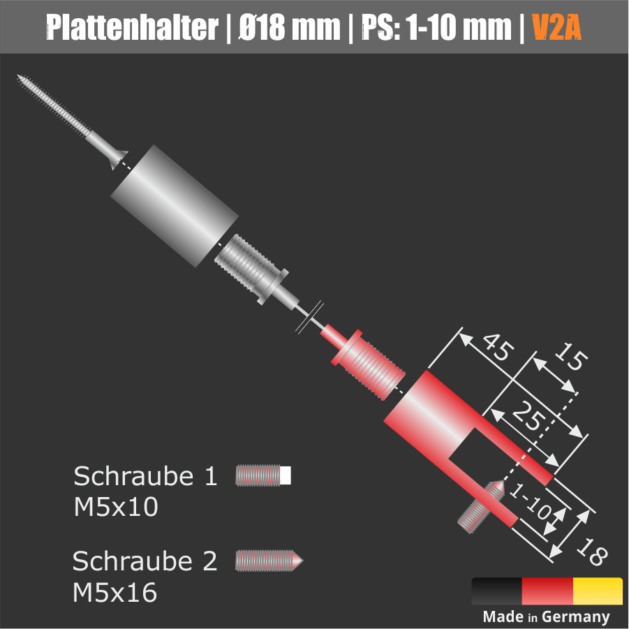 Lieferumfang: Plattenhalter Ø18mm L:45mm PS:1-10mm Seil Ø1,5mm Automatik | Edelstahl