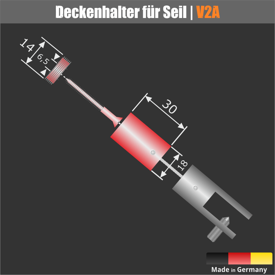 Lieferumfang: Deckenhalter Ø18 mm L: 30 mm für Seil 1,5mm Automatik | Edelstahl V2A